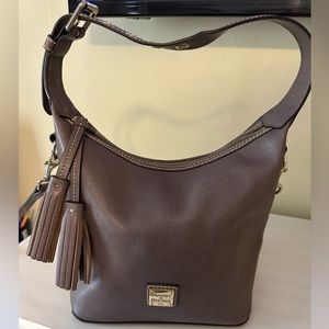 Dooney and Burke gray small hobo tote bag with strap.